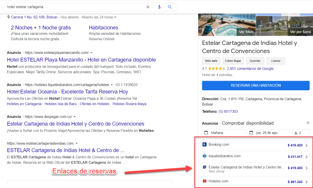 Enlaces de reserva Google hotel Ads