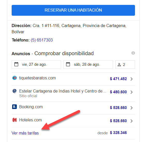 Opciones de tarifas de hotel en Google