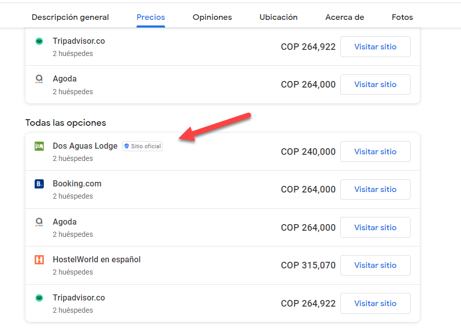 Opciones de tarifas de hotel en Google - Opción "ver mas"