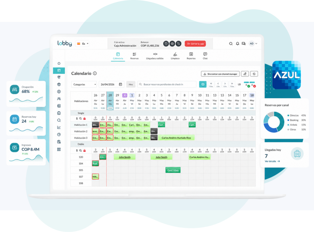 Calendario de LobbyPMS con integración de pagos online Azul para gestionar reservas, ingresos y operación hotelera